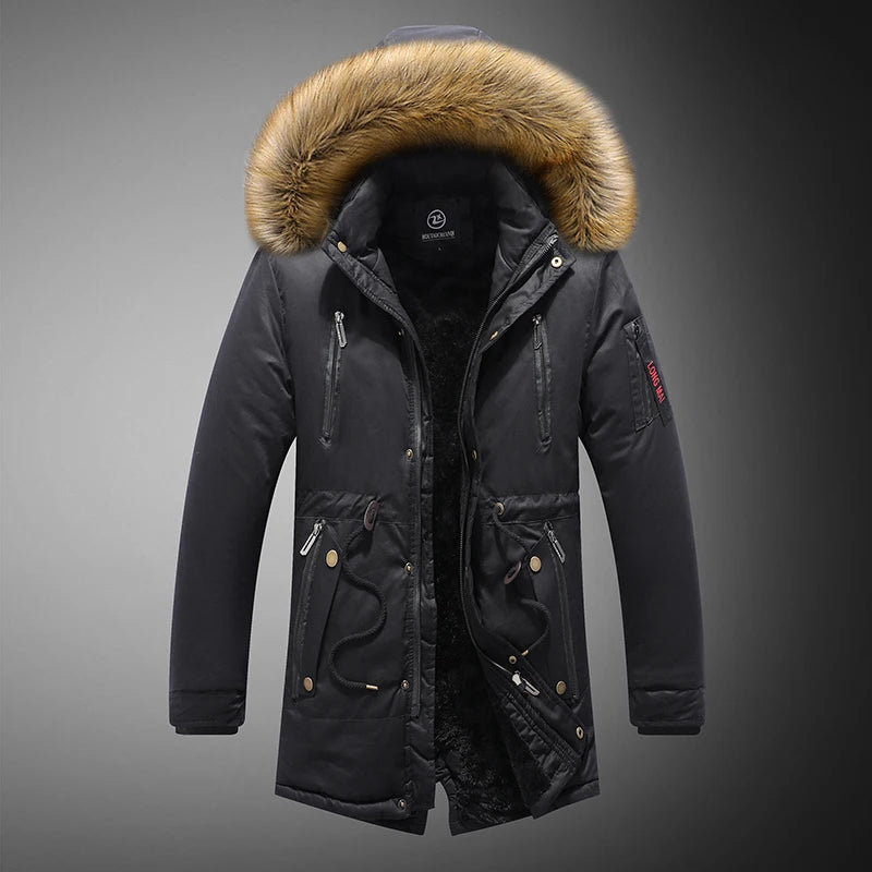 Men's Warm Wool Liner Windbreaker Fur Collar Hooded Jacket