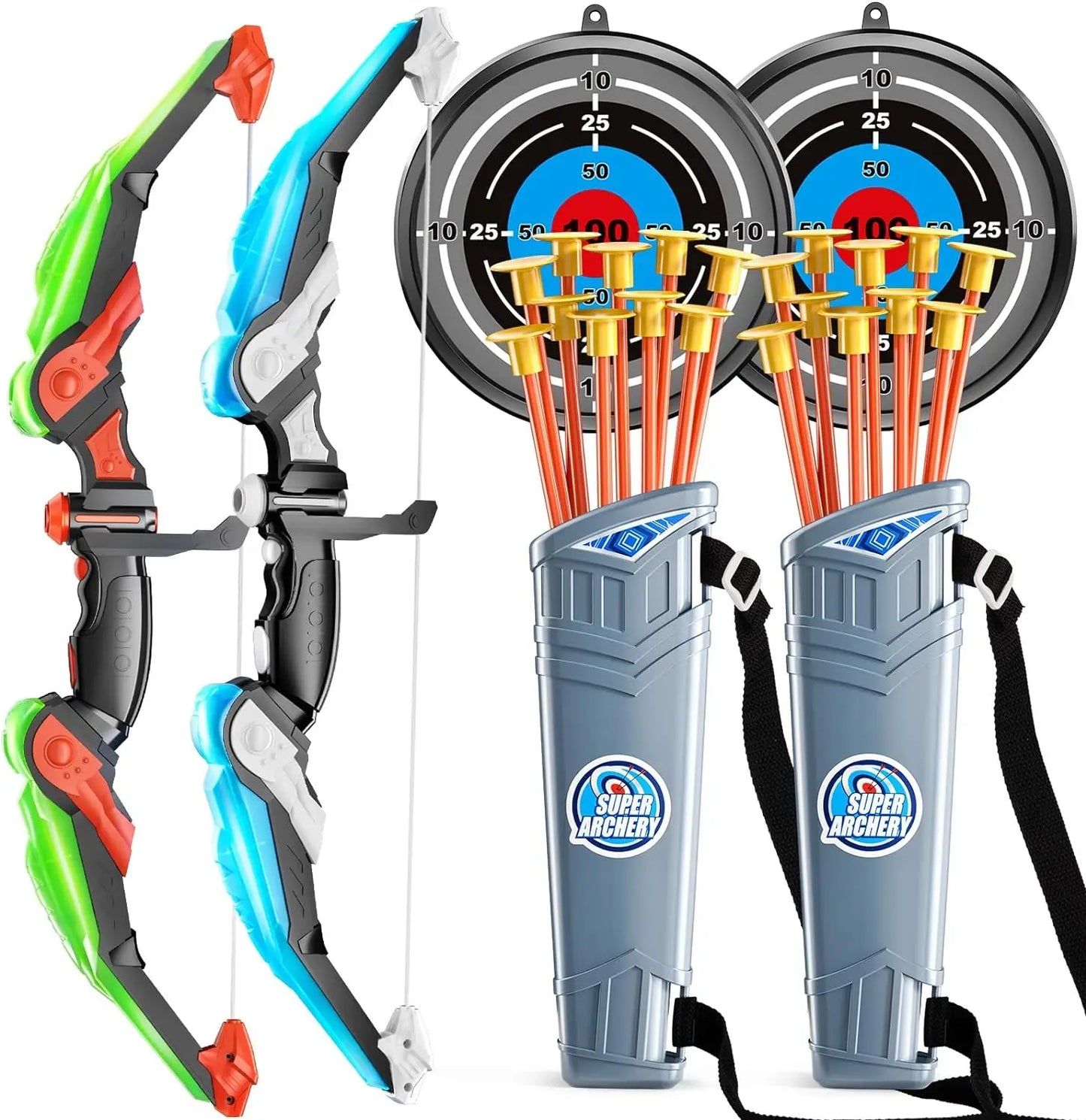 Kids LED Light Up Archery Bow 10 Suction Cup Arrows Set Toy