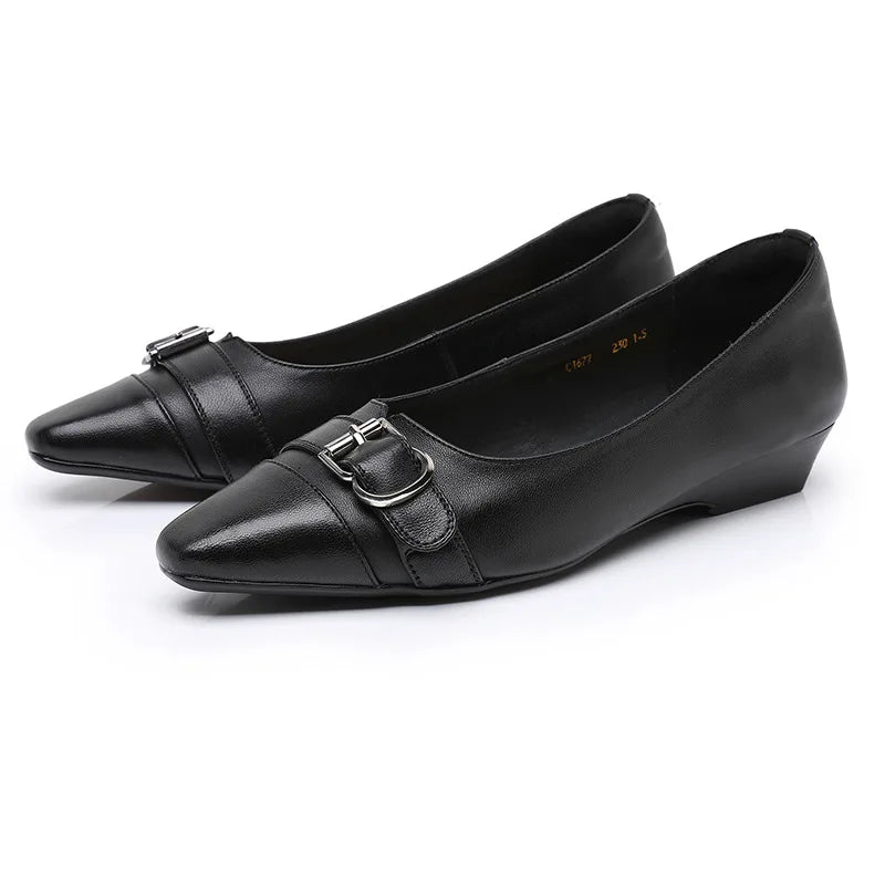 Women's Genuine Leather Low Heel Soft Buckle Pumps Shoes
