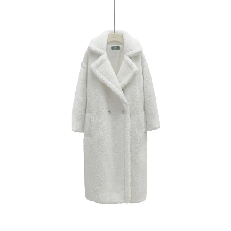 Women's Faux Fur Long Large Grain Lamb Sheep Wool Coat