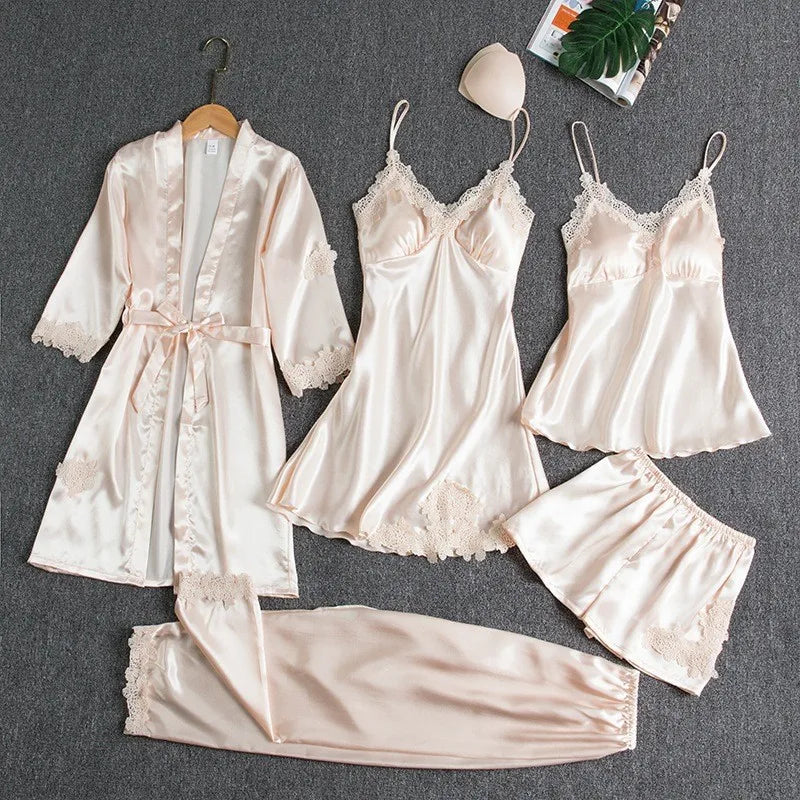Women's 5Pcs Bridesmaid Dress Long Sleeved Plus Size Bathrobe Set