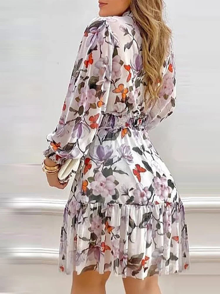 Women's Floral Print Lantern Sleeve Shirred Ruffles Midi Dress