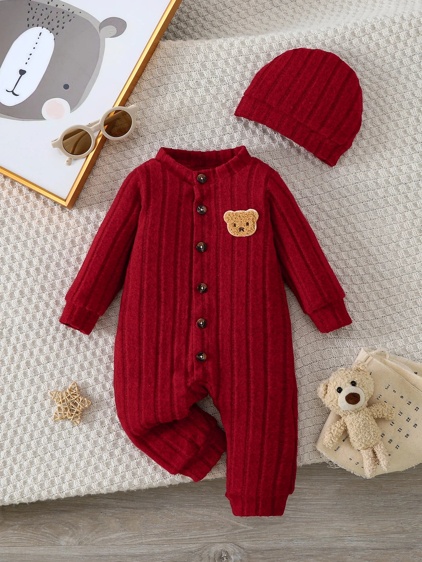 Baby Red Onesie Buttons Jumpsuit Red Hat Set