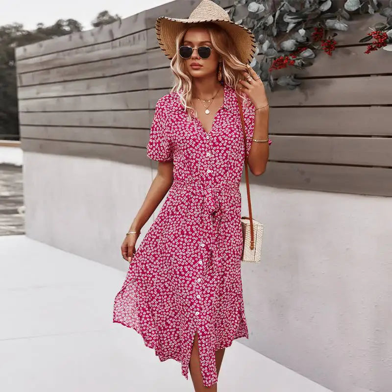 Women's Short Sleeve Button V-Neck Beach Boho Midi Dress