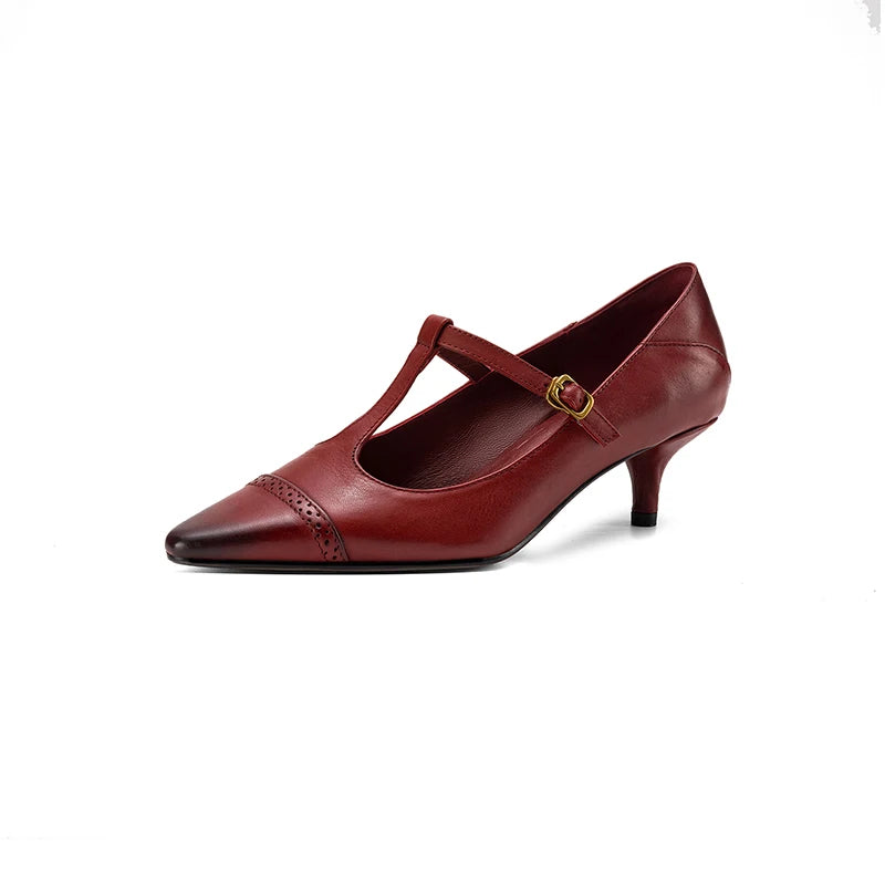 Women's Cow Leather T-Strap Pumps Shoes