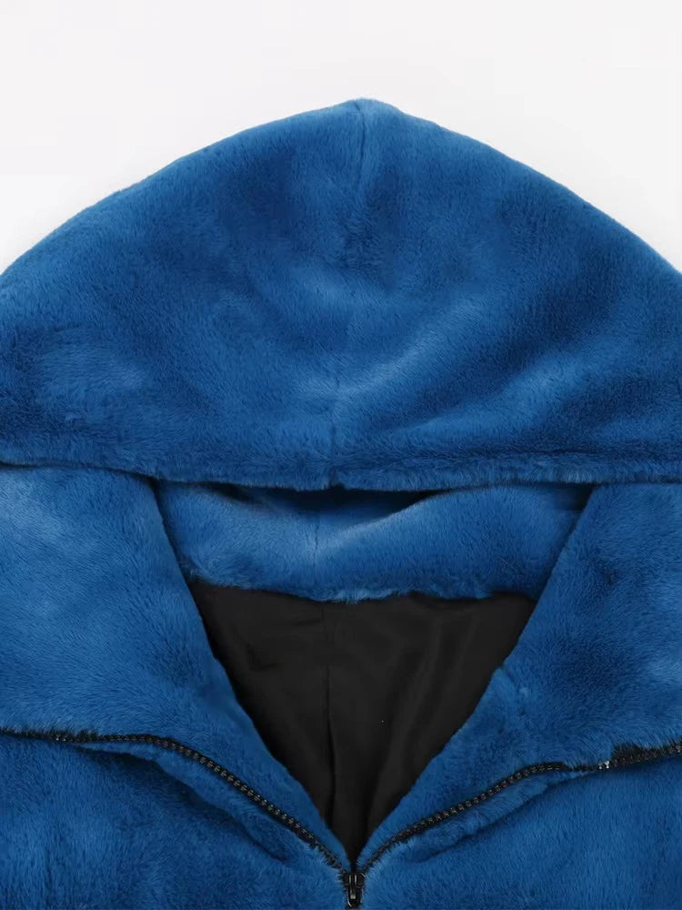 Women's Fluffy Faux Fur Hood Drawstring Waist Zip Up Coat