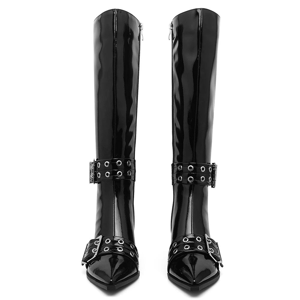 Women's Leather Metal Buckle Zipper Knee Boots