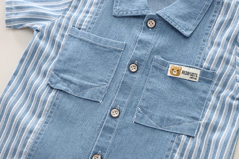 Kids' 2Pcs Denim Striped Shirt Short Suit Set