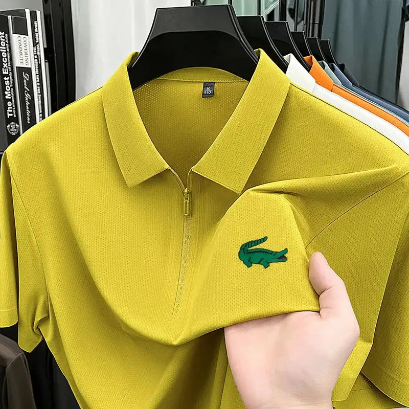 Men's Textured Seamless Half Zipper Short Sleeve Polo Shirt
