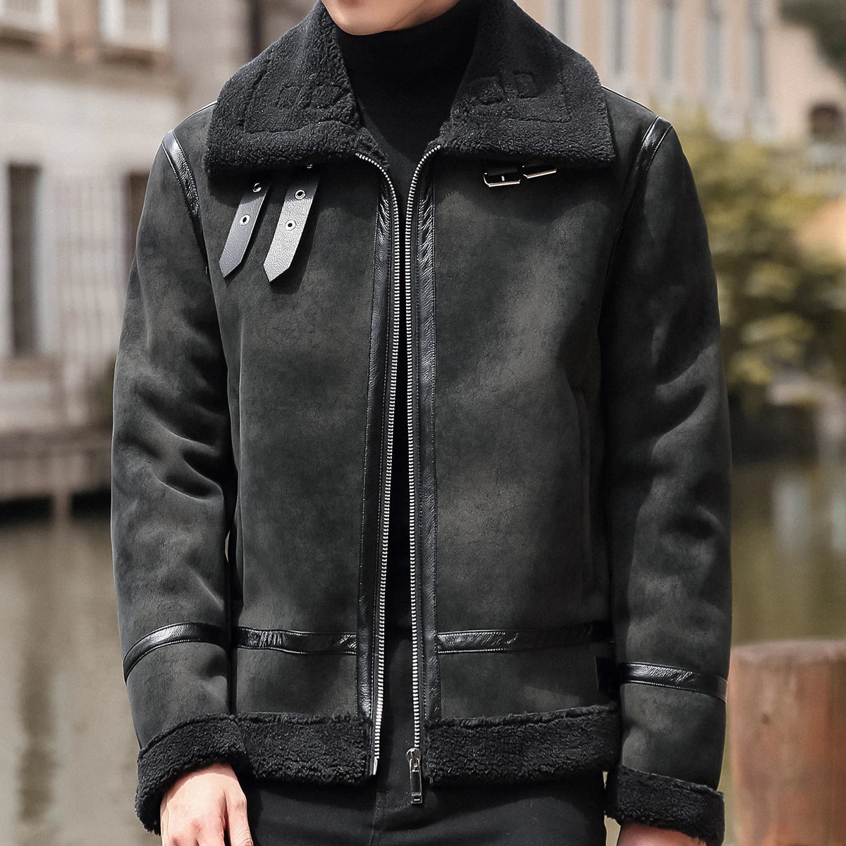 Men's Fur Collar Lamb Wool Comfort Leather Jacket