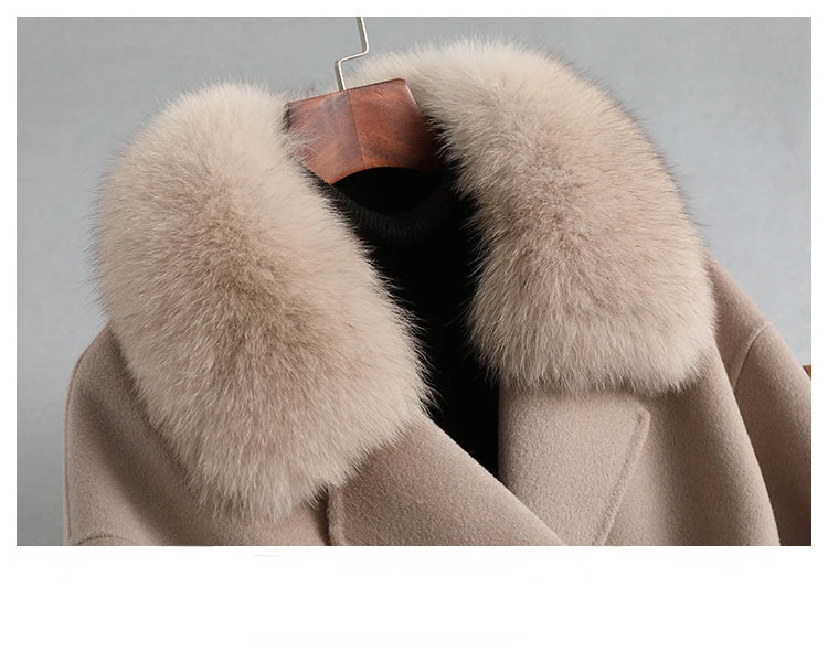 Women's Natural Fox Fur Collar Cashmere Wool Coat