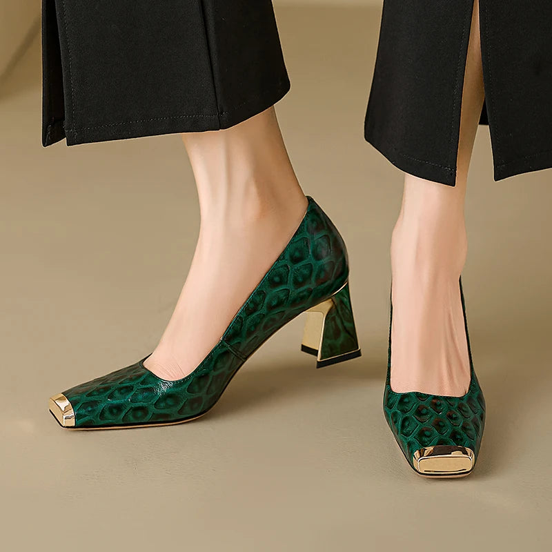 Women's Genuine Leather Mid Heel Square Toe Pumps Shoes