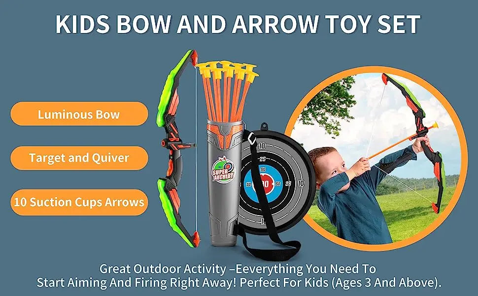 Kids LED Light Up Archery Bow 10 Suction Cup Arrows Set Toy