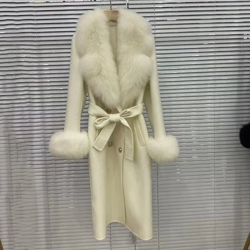 Women's Double Breasted Wool Cashmere Real Fox Fur Collar Coat