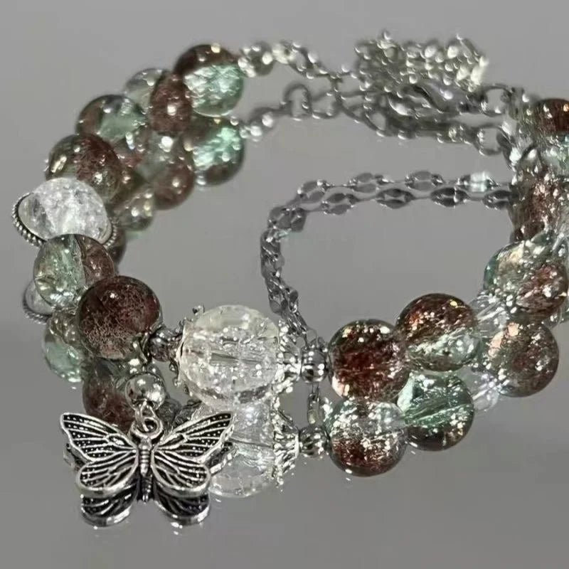 Women's Beaded Red Crystal Feather Pendant Bracelet
