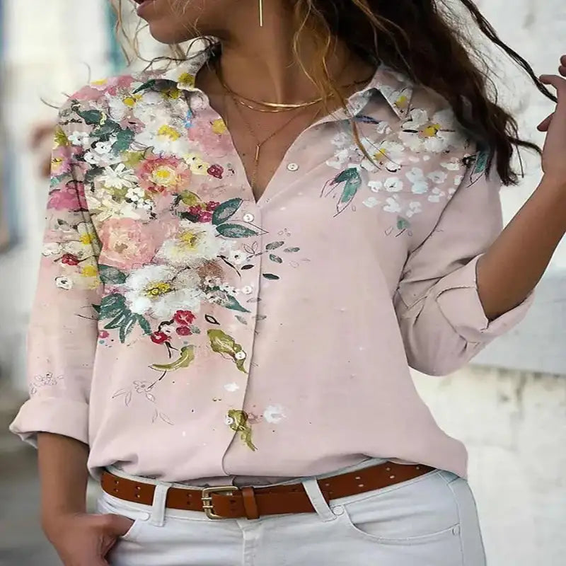 Women's Floral Graphic Stylish Long Sleeved Collar Shirt Tops