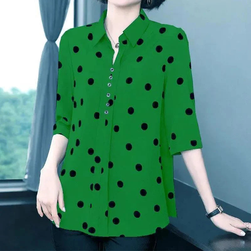 Women's Solid Polka Dot Chiffon V-Neck Shirt