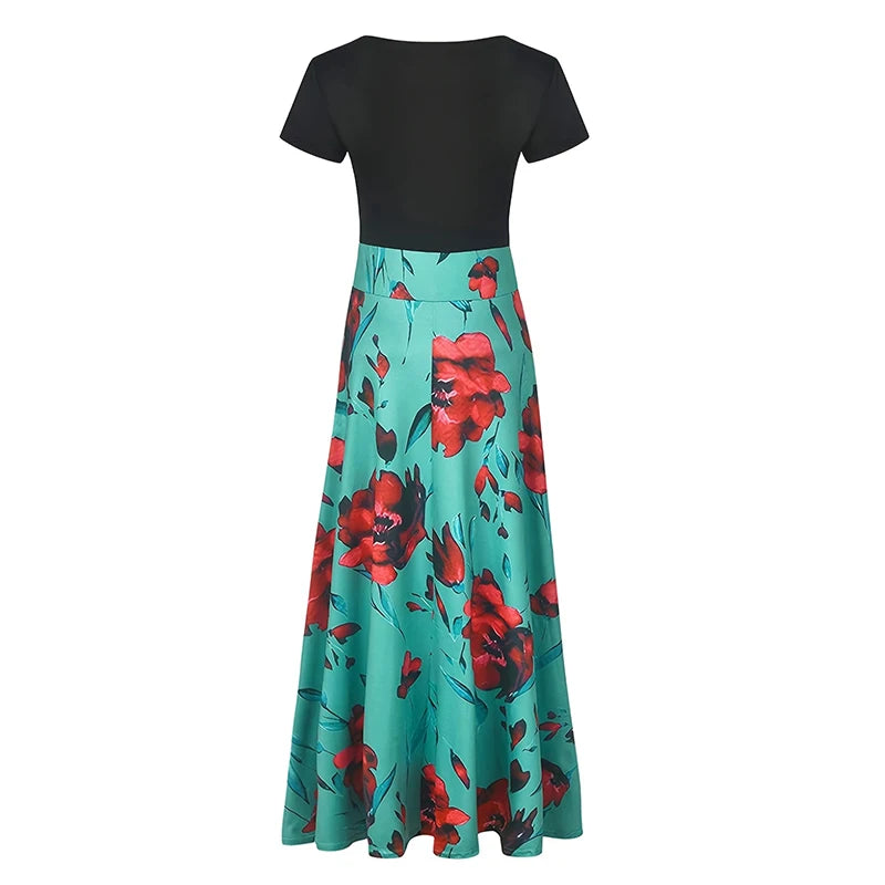 Women's Short Sleeve Slim Waist Pleated Maxi Dress