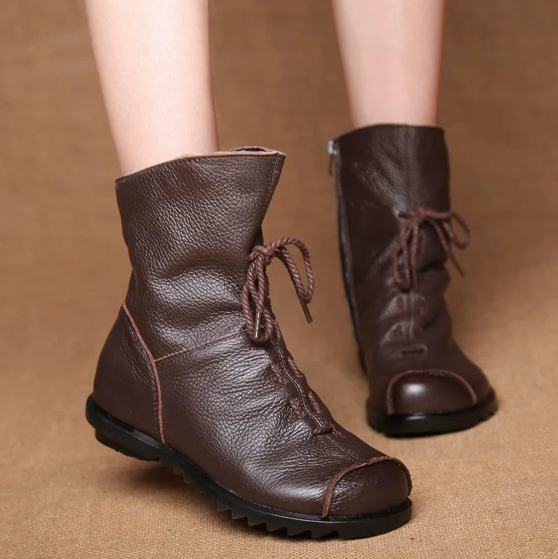 Women's Genuine Leather Plush Retro Waterproof Short Boots