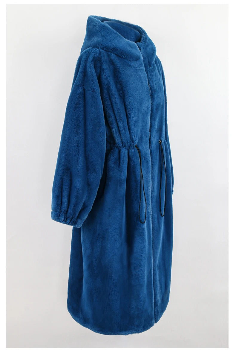 Women's Fluffy Faux Fur Hood Drawstring Waist Zip Up Coat
