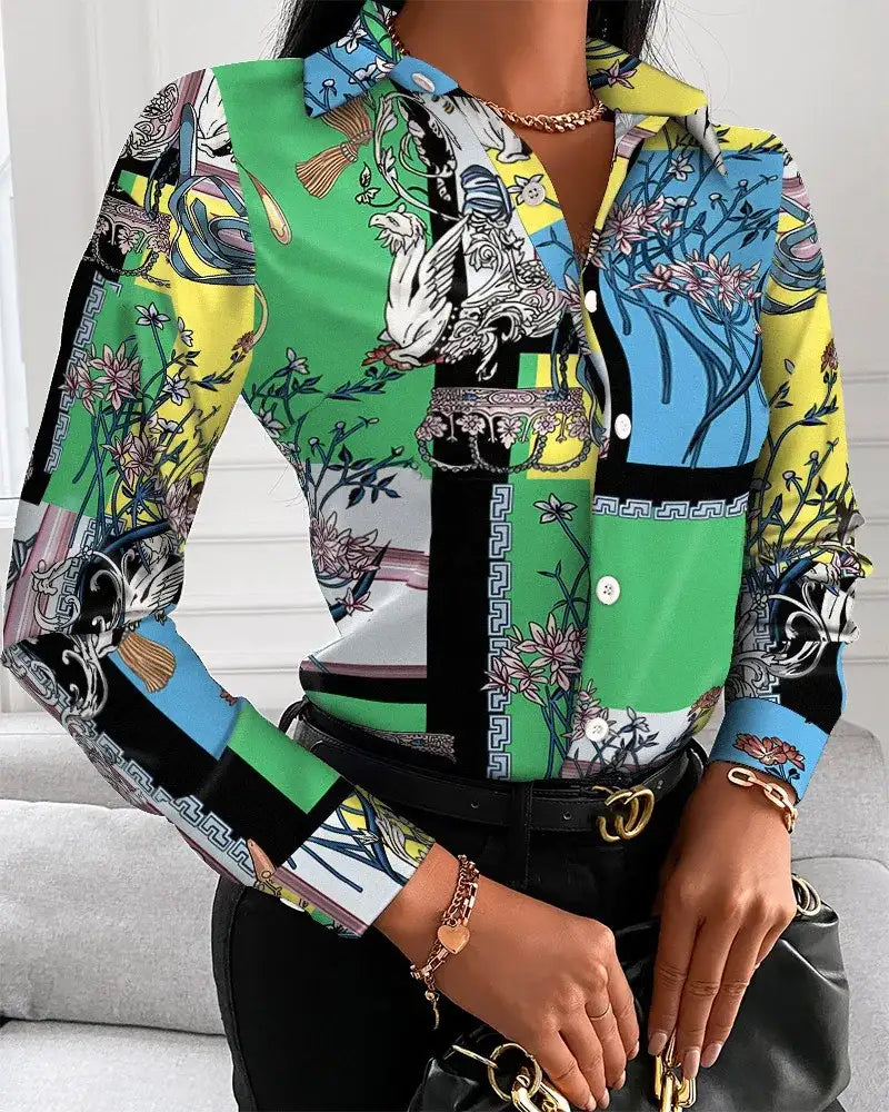 Women Turn-Down Collar Long Sleeve Blouse Shirt