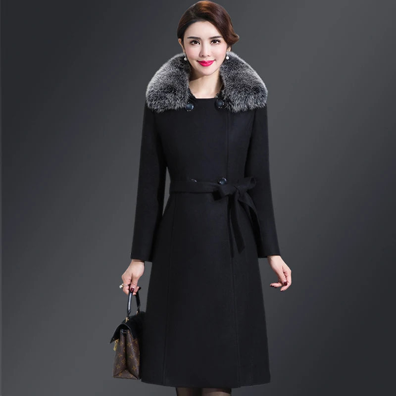 Women's Long Slim Fur Collar High Quality Coat