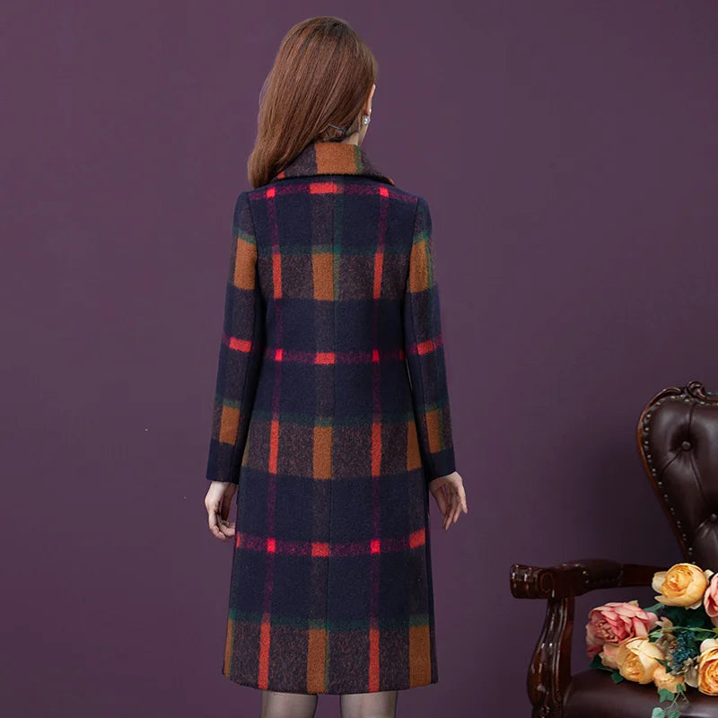 Women's Long Slim Fit Slim Temperament Plaid  Wool Coat