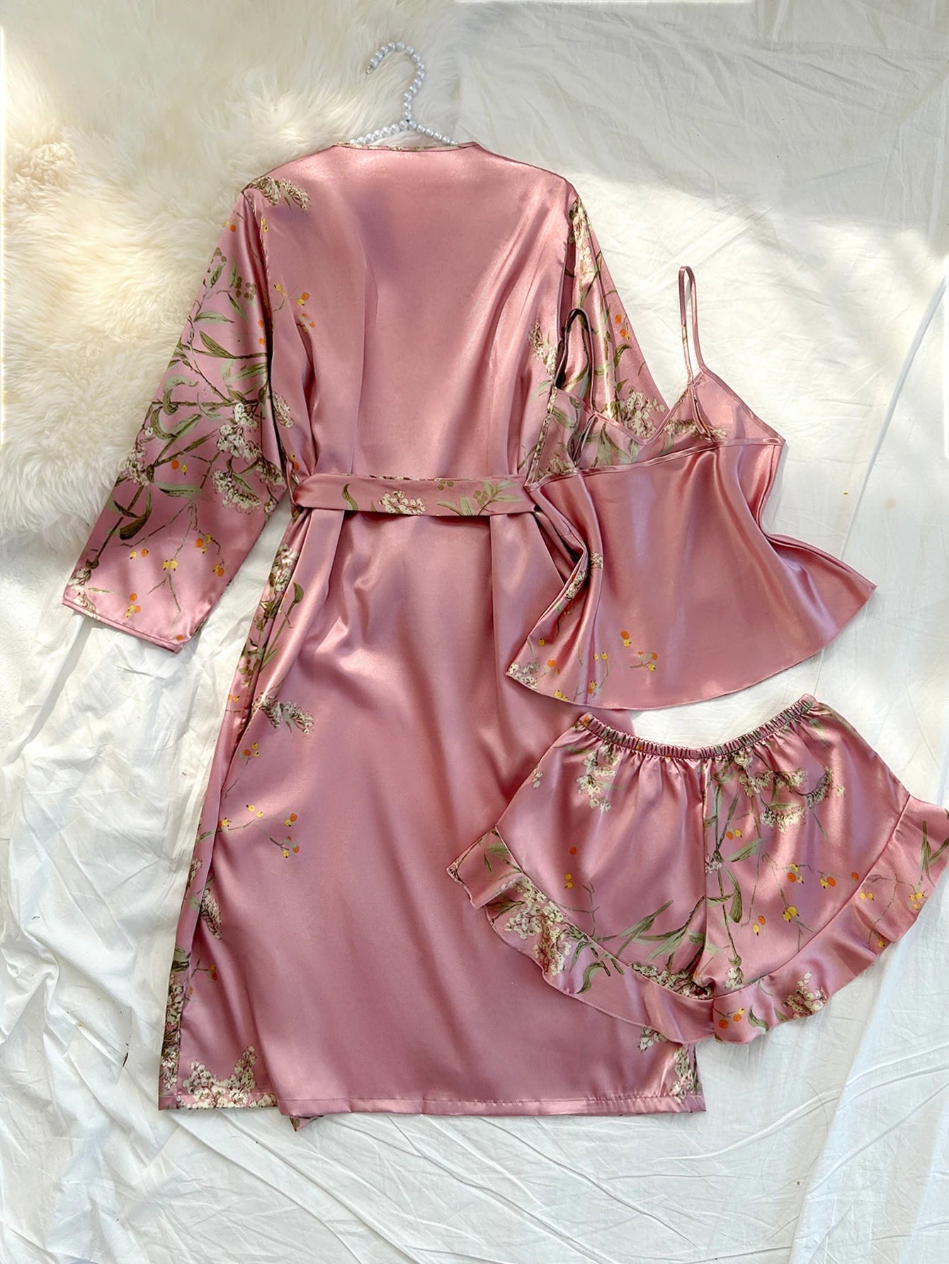 Women's 4Pcs Irregular Cherry Print Comfortable Bathrobe Halter Shorts Pajama Set