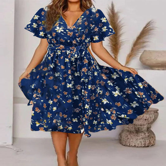 Women's V-Neck Short Sleeve Printed Waist Dress