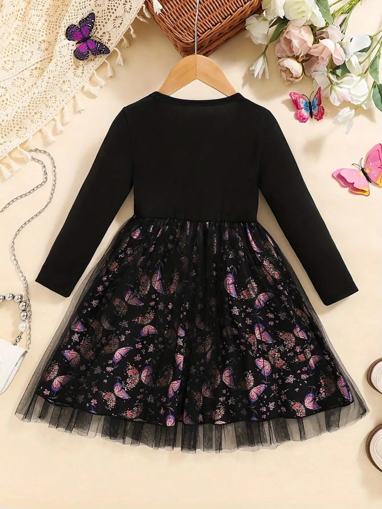 Girls Round Neck Long Sleeve Trumpet Skirt Knee Mesh Dress