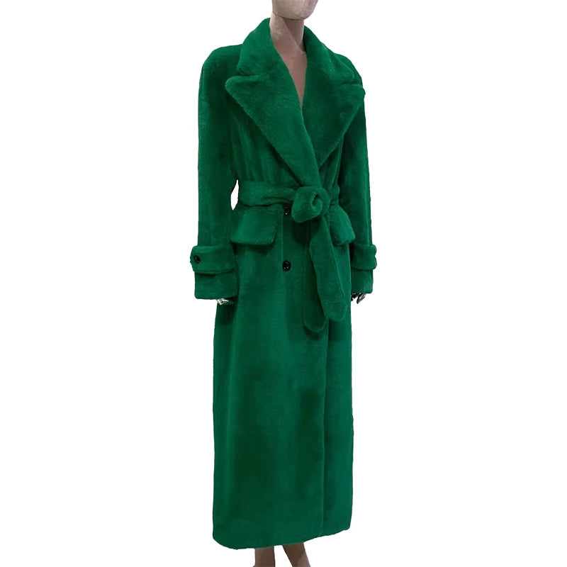 Women's Fluffy Thick Soft Maxi Faux Fur Double Breasted Coat