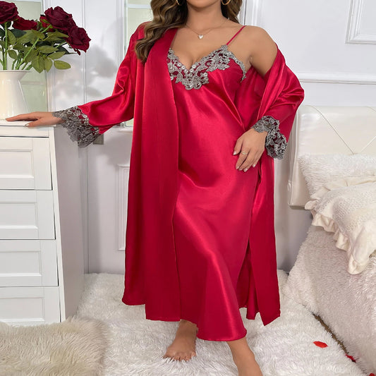 Women's Contrast Lace Long Sleeve Belted Robe Pajamas Set