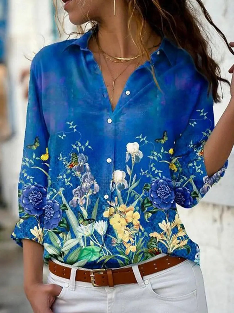 Women's Floral Graphic Stylish Long Sleeved Collar Shirt Tops