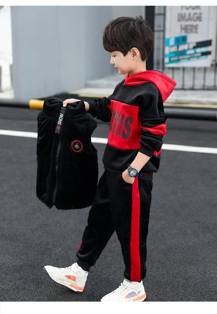 Boys 3Pcs Fleece Lined Zip Waistcoat Sweatshirt Sweatpants Set