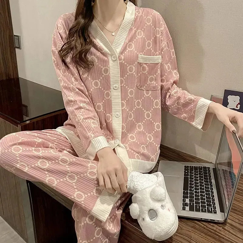 Women's 2Pcs Warm Button Sleepwear Set