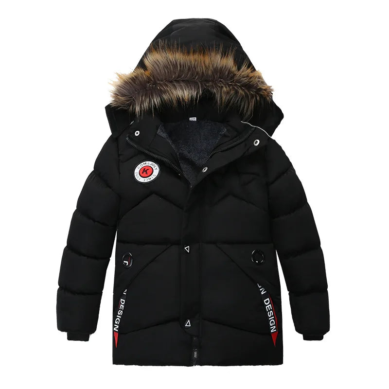 Kids' Thick Lining Plush Detachable Hat Hooded Fur Collar Jacket