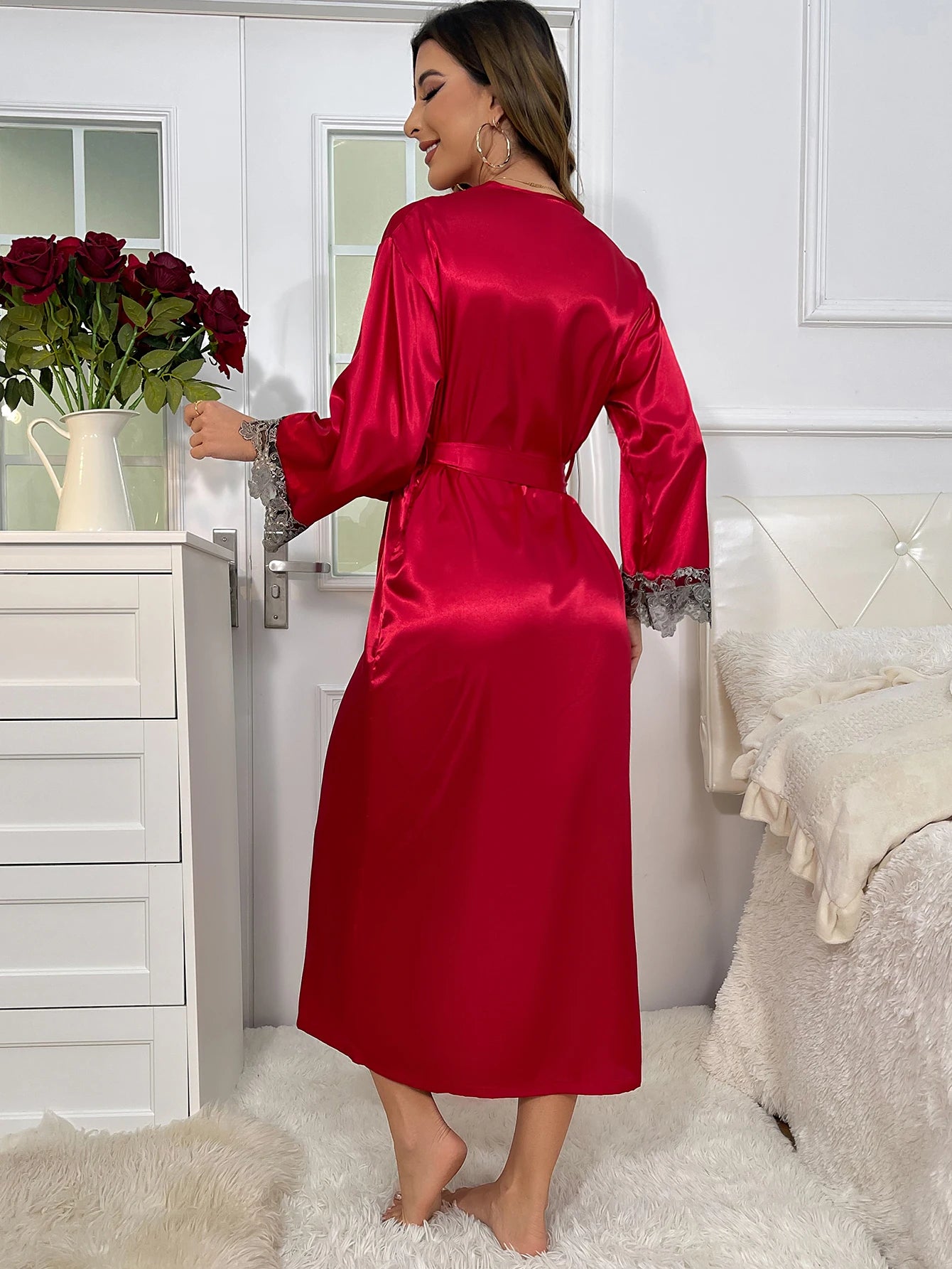 Women's Contrast Lace Long Sleeve Belted Robe Pajamas Set