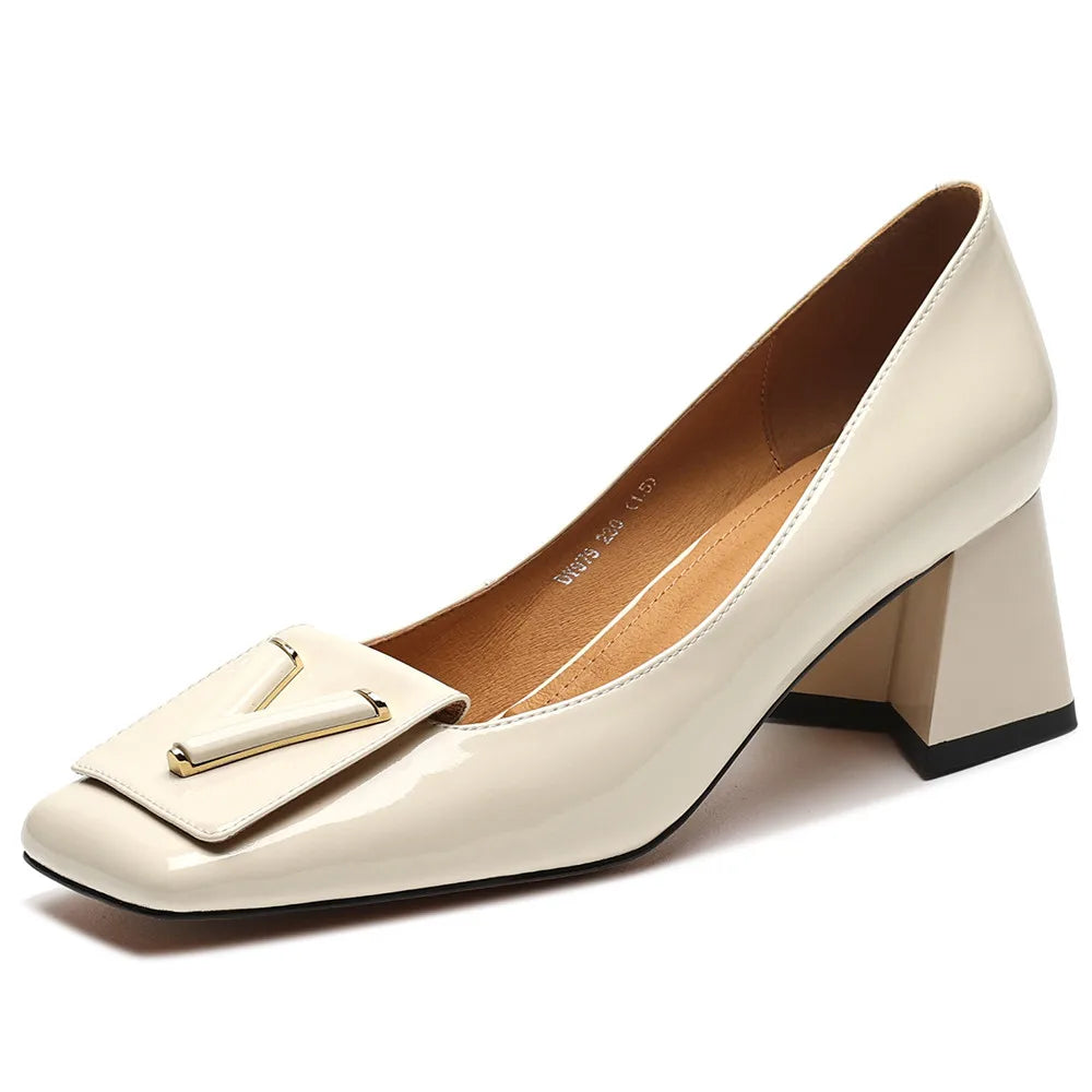 Women's Genuine Leather High Thick Heels Pumps Shoes