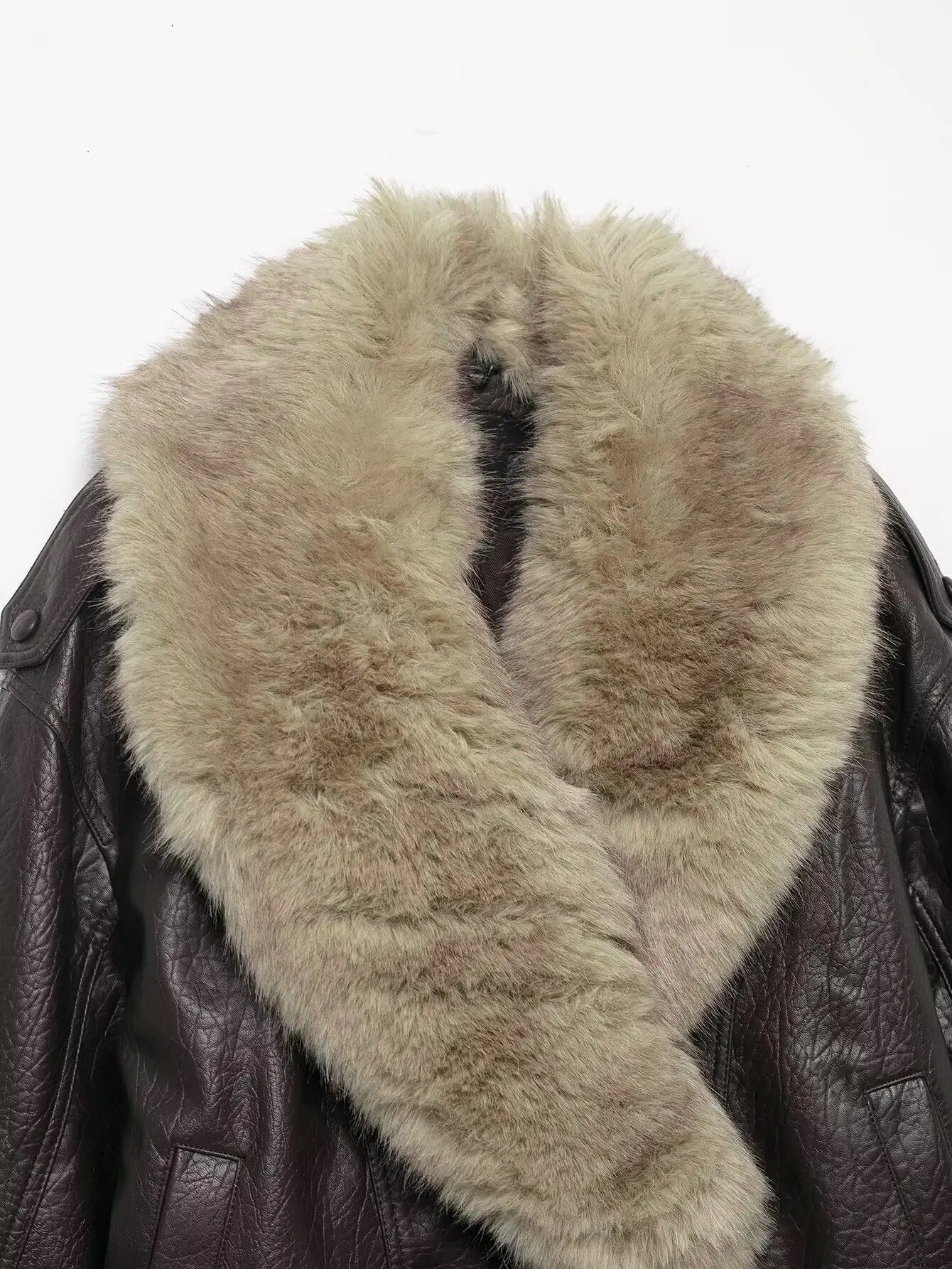 Women's Loose Faux Leather Big Fur Collar Causal Jacket