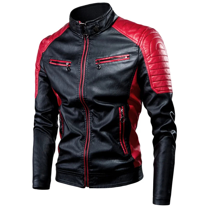 Men's Windproof Motorcycle Spliced PU Leather Jacket