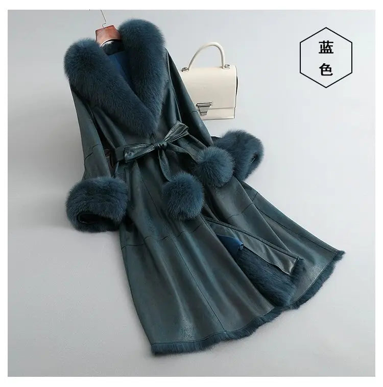 Women's Mid Length Rabbit Fur Fox Fur Collar Slim Fit Coat