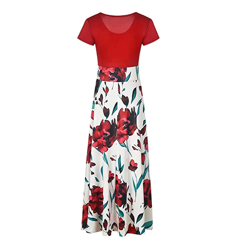 Women's Short Sleeve Slim Waist Pleated Maxi Dress