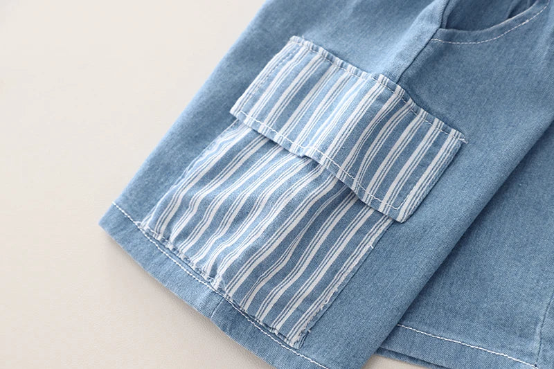 Kids' 2Pcs Denim Striped Shirt Short Suit Set