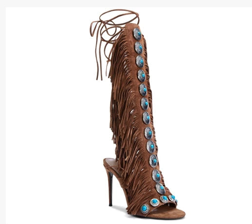 Women's Fringe Strappy Open Toe Lace Up Tassels High Heel Boots