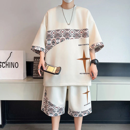 Men's 2Pcs Casual Trendy Short Sleeve T Shirt Short Set