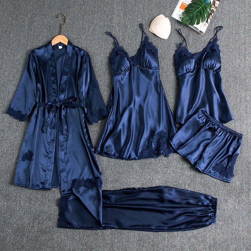 Women's 5Pcs Bridesmaid Dress Long Sleeved Plus Size Bathrobe Set