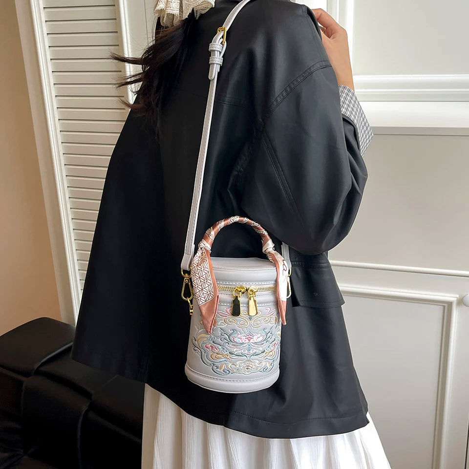 Women's Bucket Cylindrical Quality Leather Shoulder Bag