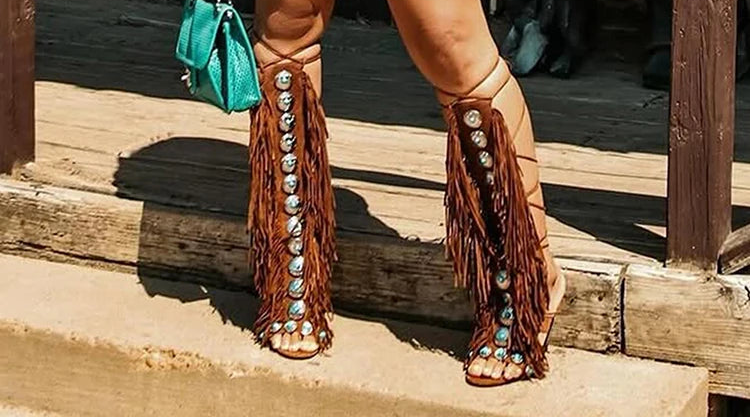Women's Fringe Strappy Open Toe Lace Up Tassels High Heel Boots