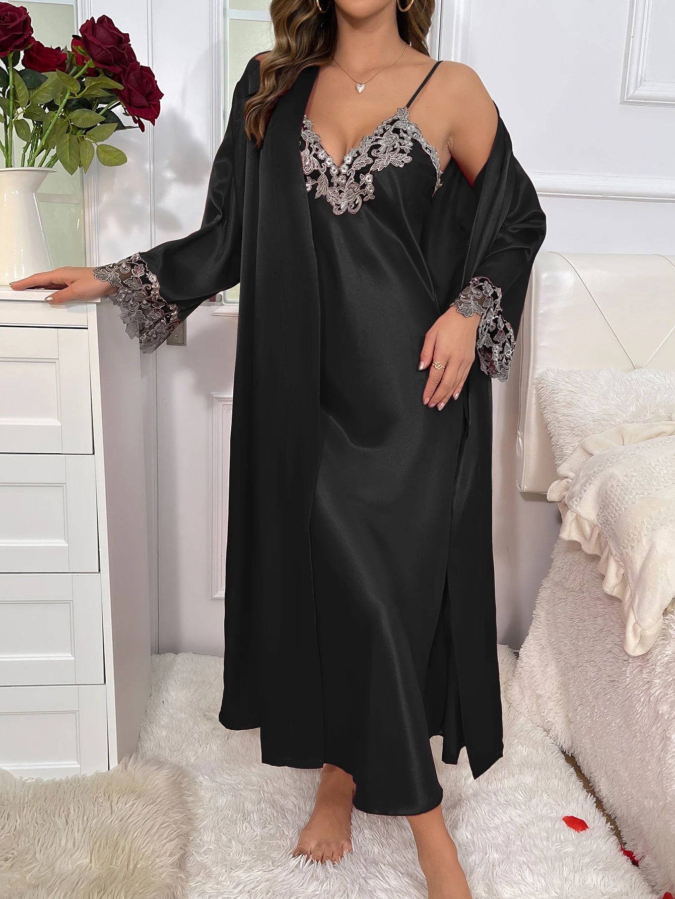 Women's Contrast Lace Long Sleeve Belted Robe Pajamas Set