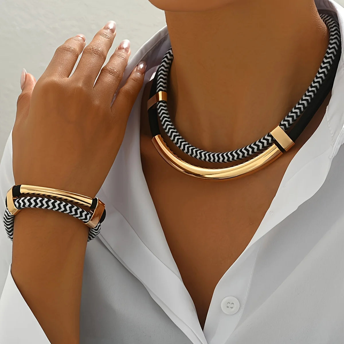 Women's 2PCS Thick Double Line Metal Tube Necklace Bracelet Set